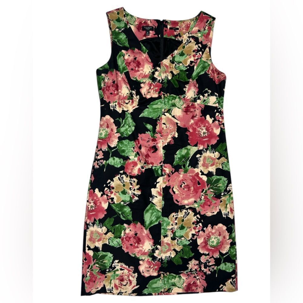 Talbots Black Floral Sheath Dress with Pink & Green Blooms